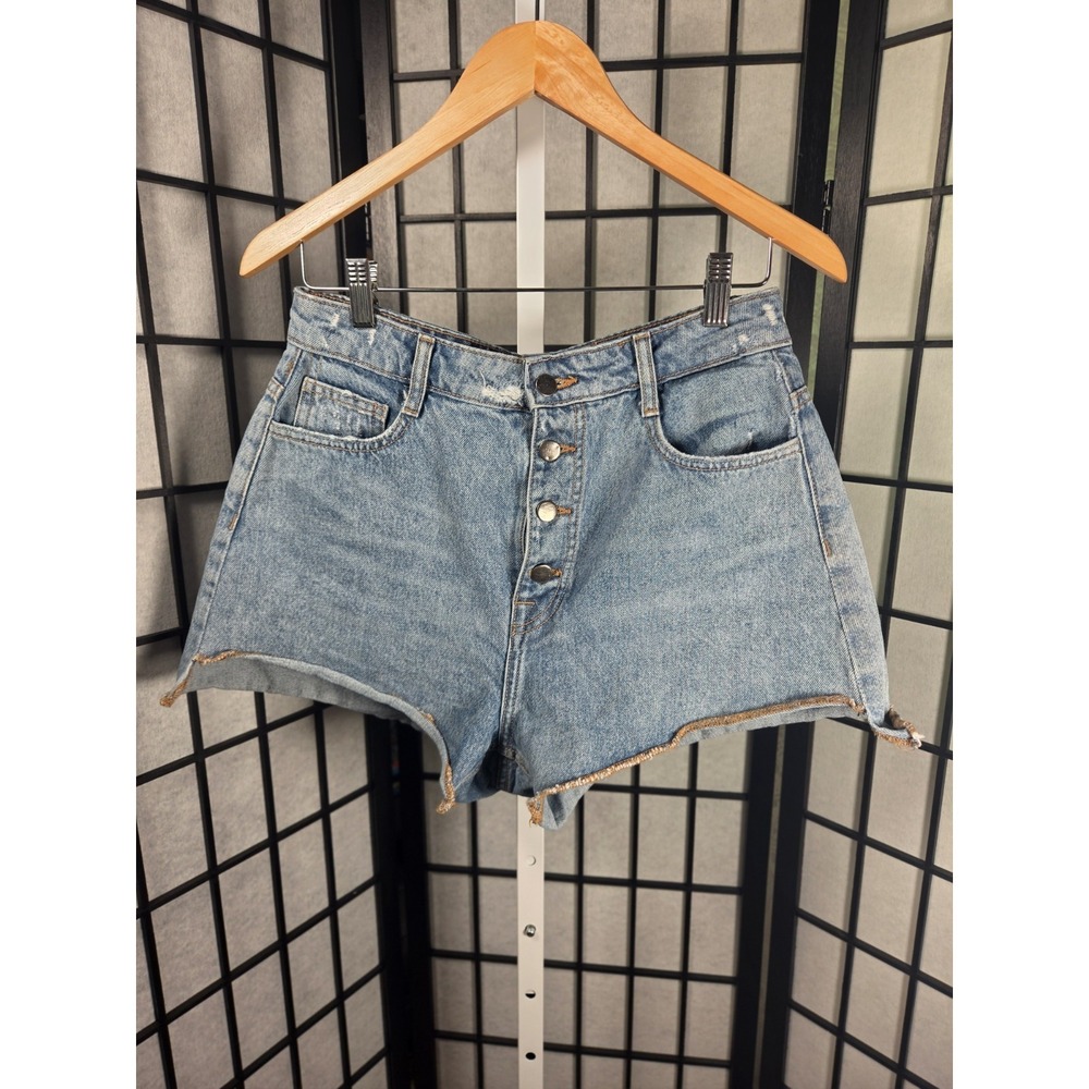 Bershka Shorts Boho‎ Women 8 Blue Denim Medium Wash Hot Pants Mid Rise 2" Inseam